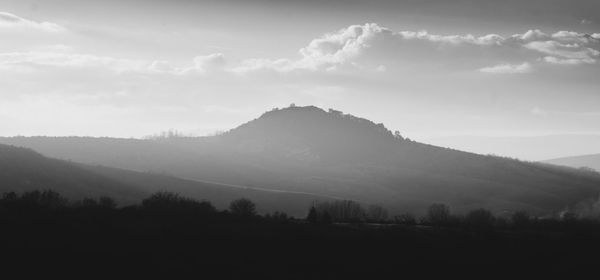 Scenic view of silhouette mountains against sky