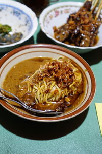 Close-up of noodles served in bowl