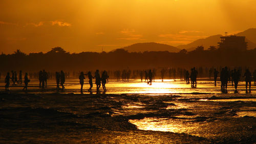 Silhouette people at beach against sky during sunset