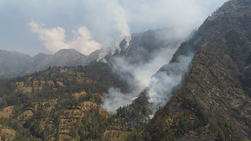 Forest fire and smoke on slopes hills. wild fire in mountains in tropical forest