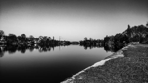 Scenic view of lake against clear sky during sunset