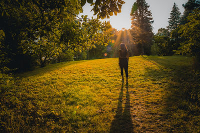 Rear view of woman walking in the field at sunset