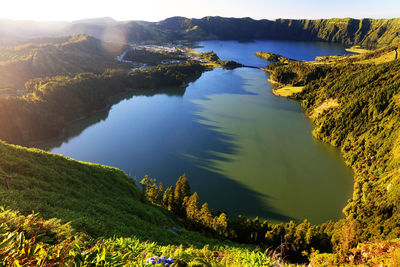 Scenic view of lake and mountains against sky