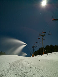 Snow covered land against sky at night