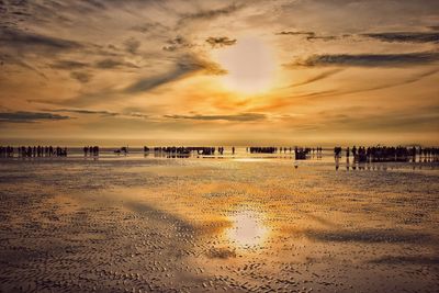 Scenic view of beach against sky during sunset