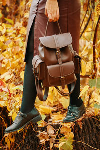 Low section of woman with autumn leaves