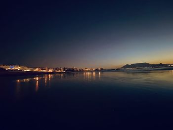 Scenic view of sea against clear sky at night