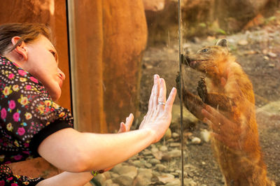 Woman and fox looking through glass at zoo