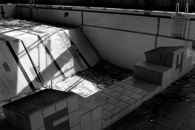 High angle view of buildings by wall