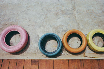 High angle view of objects on table