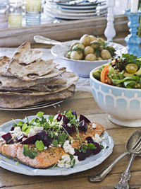 Baked salmon on plate