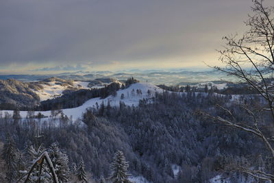 Scenic view of snow covered landscape against sky during sunset
