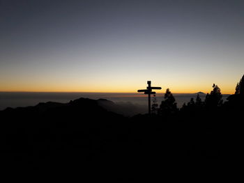 Silhouette temple against clear sky during sunset