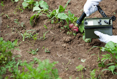 Cropped image of farmer working on agricultural field with equipment