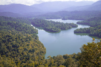 High angle view of lake and mountains