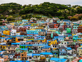 High angle view of multi colored buildings against sky