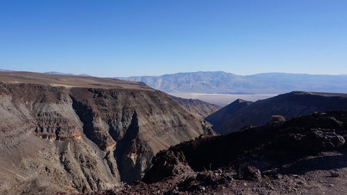 Panoramic view of landscape and mountains against clear sky