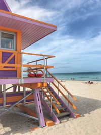 Lifeguard hut on beach against sky