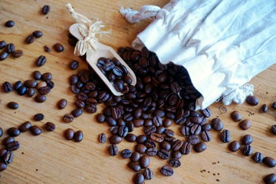 High angle view of coffee beans on table