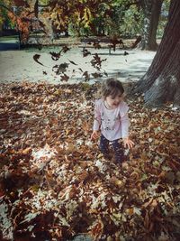 Girl standing by tree during autumn