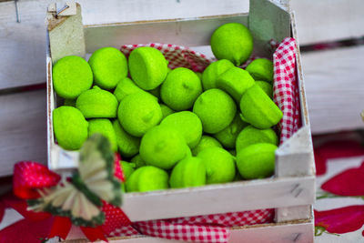 High angle view of sweet food in crate