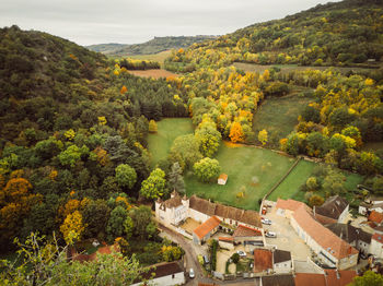 High angle view of trees and mountains during autumn