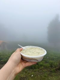 Midsection of person holding ice cream against foggy weather