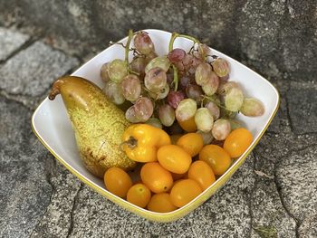 High angle view of fruits in plate on table