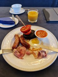 High angle view of breakfast served on table