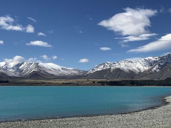 Scenic view of lake by snowcapped mountains against sky