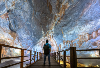 Rear view of man standing in cave