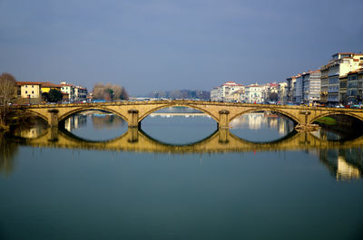 Bridge over river in city against clear sky