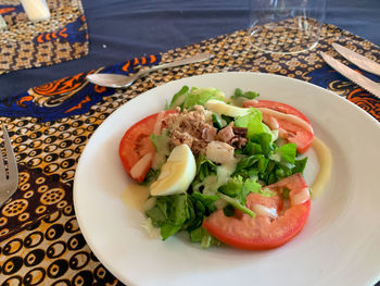 High angle view of salad in plate on table