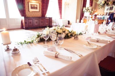 High angle view of arranged dining table during wedding