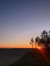 Silhouette trees on field against clear sky during sunset