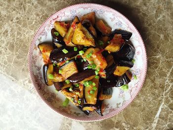 High angle view of food in plate