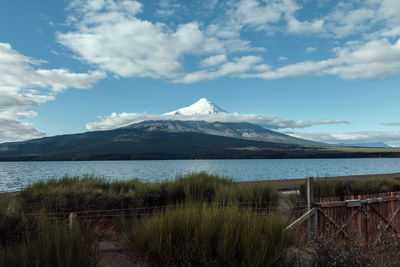 Scenic view of lake against cloudy sky