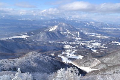 Aerial view of snowcapped mountains against sky