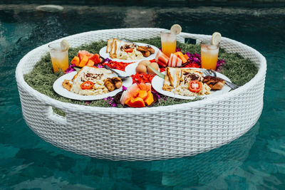 High angle view of breakfast on table