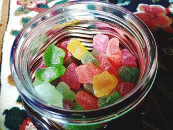 High angle view of candies in jar
