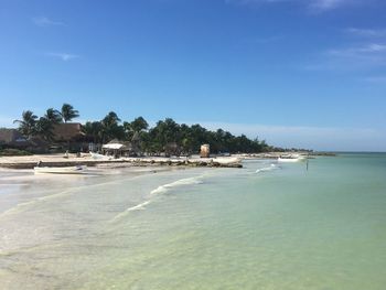 Scenic view of beach against blue sky