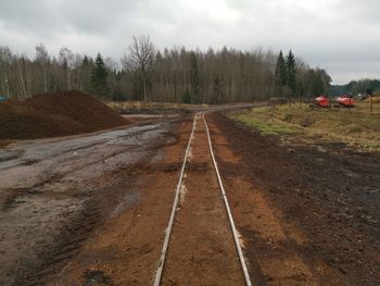 Surface level of railroad track amidst trees against sky