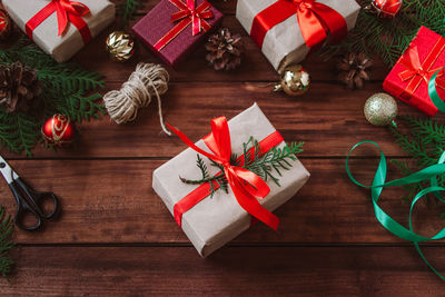 High angle view of christmas decorations on table