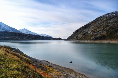 Scenic view of lake and mountains against sky