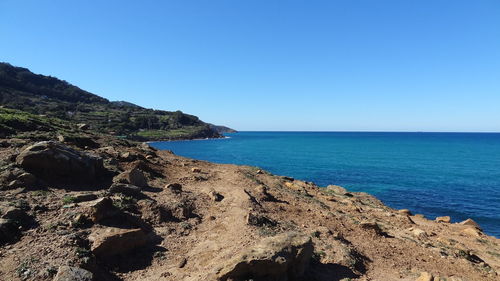 Scenic view of sea against clear blue sky