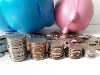 Close-up of coins on table