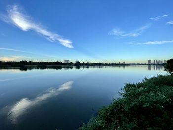 Scenic view of lake against blue sky