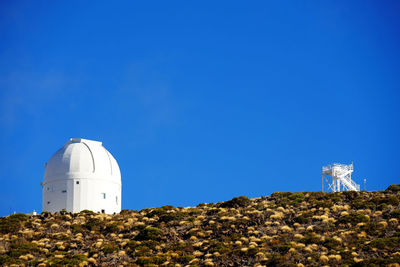 Low angle view of building against clear blue sky