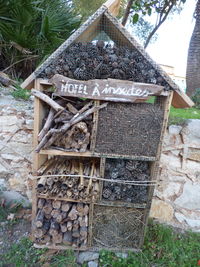 High angle view of text on stone wall