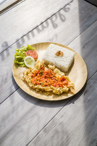 High angle view of food in plate on table